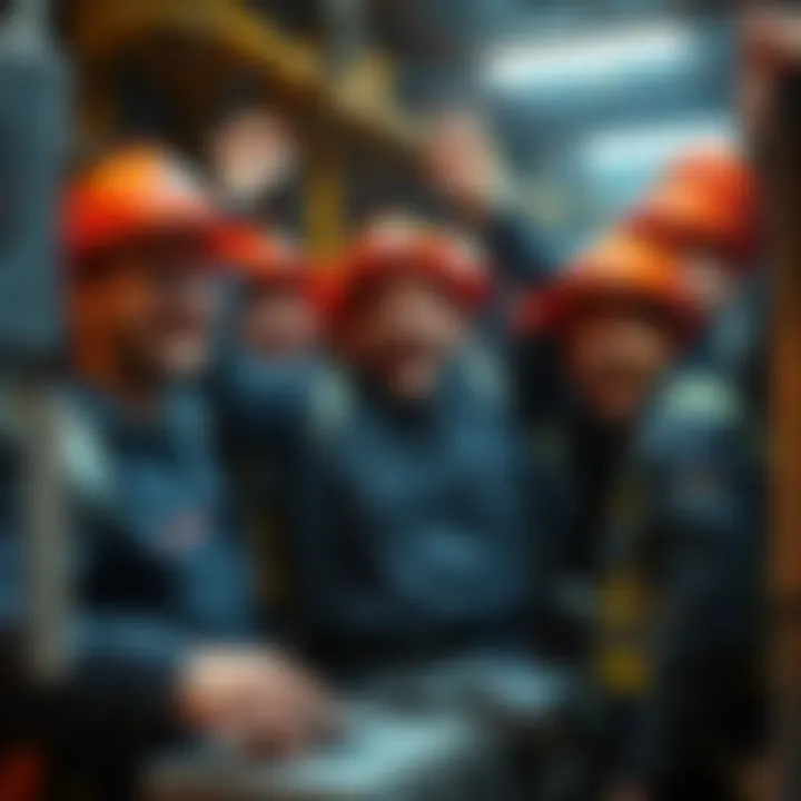 Miners celebrating pay boost A group of miners joyfully celebrating a 10% pay increase after a difficulty adjustment, with smiles and cheers in a mining setting.