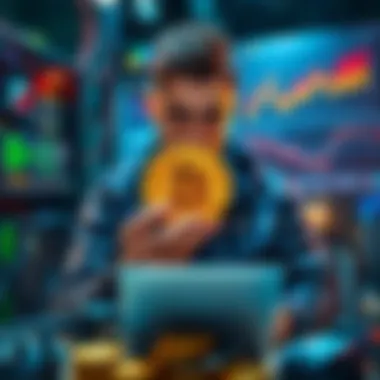 A person comparing solo mining Bitcoin Cash to pool mining Bitcoin, surrounded by mining equipment and charts
