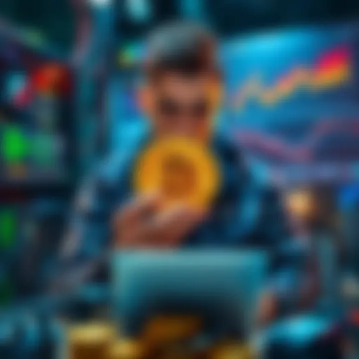 A person comparing solo mining Bitcoin Cash to pool mining Bitcoin, surrounded by mining equipment and charts