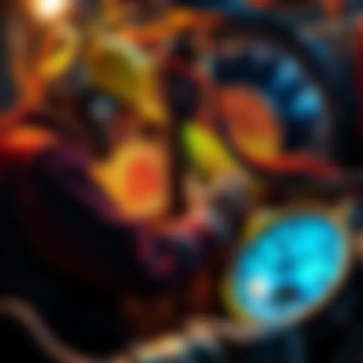 A miner working on Bitcoin mining equipment with a digital display showing Bitcoin values and a clock symbolizing a long wait ahead