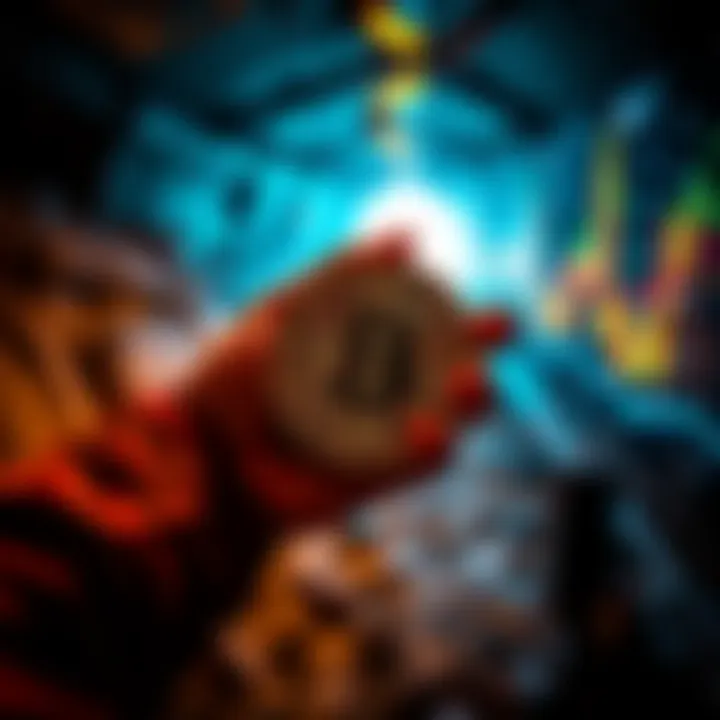 A miner's hand holding a Bitcoin symbol with digital graphics in the background