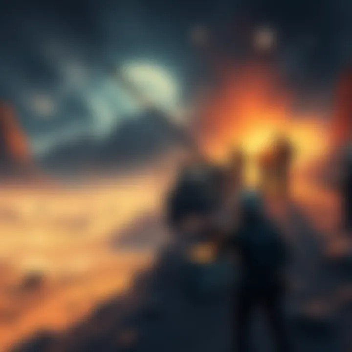 A nostalgic scene of a vibrant mining community with players interacting joyfully, contrasted with a current scene of empty landscape filled with bots.