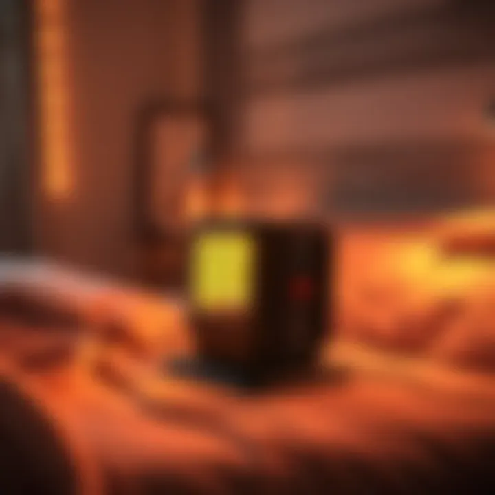A mining heater placed in a warm bedroom setting, providing heat during winter nights, with soft lighting and blankets around.