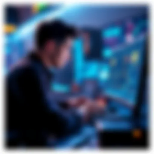 A person using a computer to mine Kaspa coins with digital currency graphics on the screen.