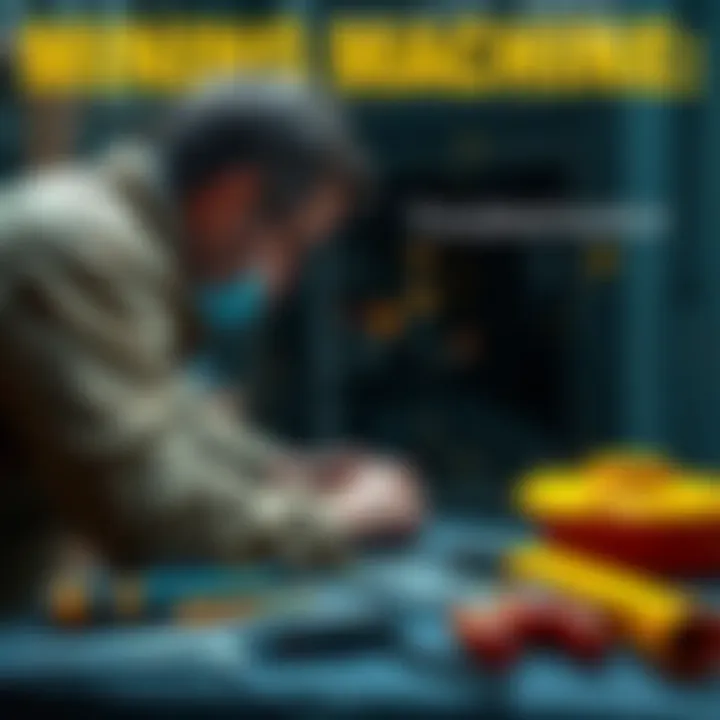 A person inspects a mining machine, looking for issues while tools are laid out nearby.