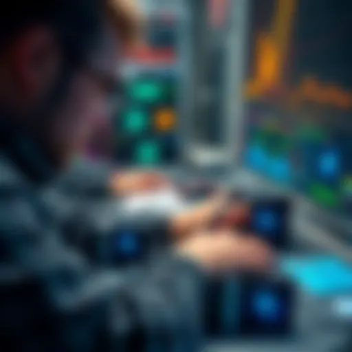 A person setting up mini computers for mining Monero with graphics displaying cryptocurrency data