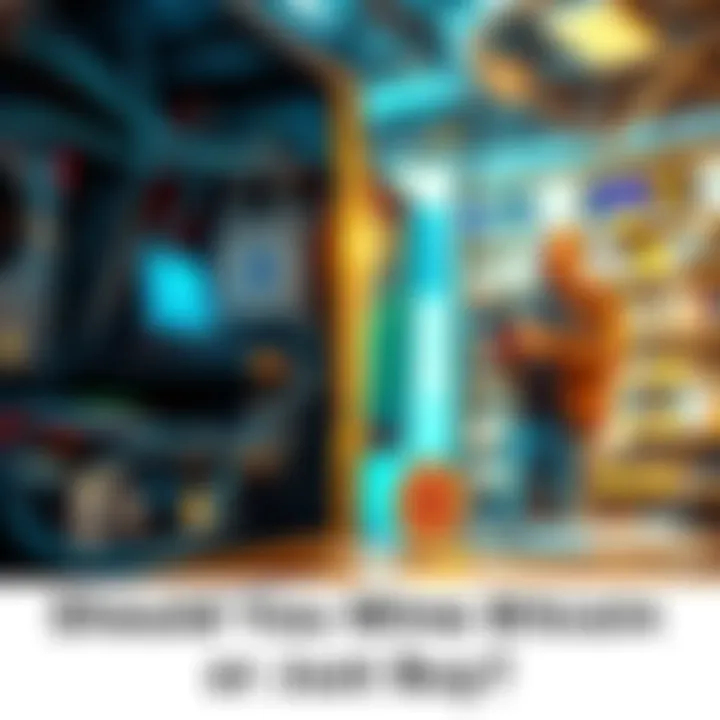 A split image showing a bitcoin miner setup on one side and a person purchasing bitcoin on a digital platform on the other