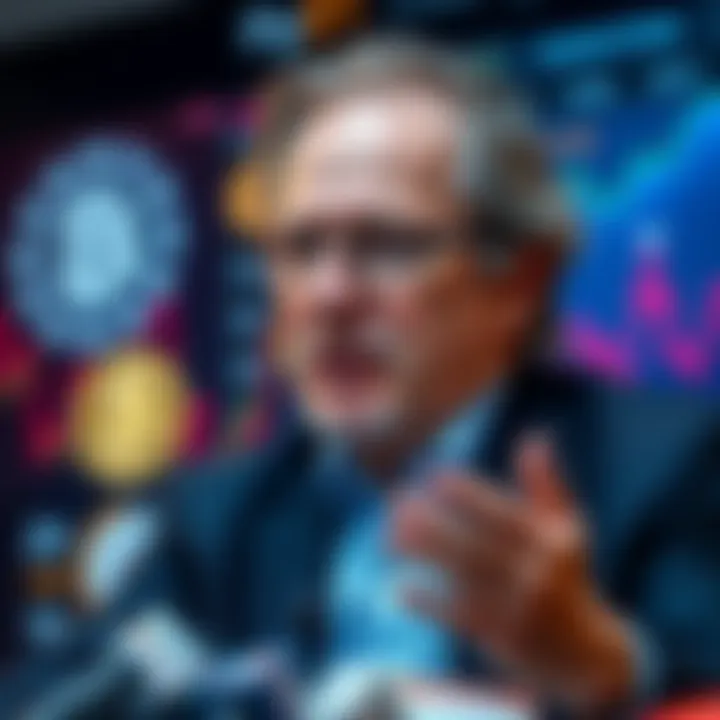 A former MIT director speaks about Epstein's $500,000 donation that helped Bitcoin during its crisis in 2015, with a backdrop of cryptocurrency graphics.