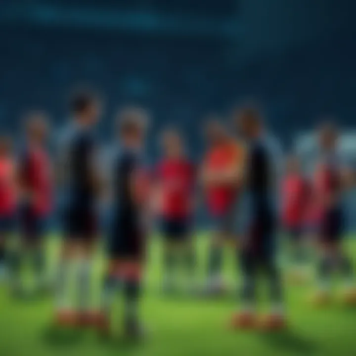A group of soccer players in jerseys discussing lineup strategies at a training session