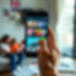 A mobile phone displaying various advertisements on its screen, with a hand holding the device. There's a blurred background that suggests a family environment.