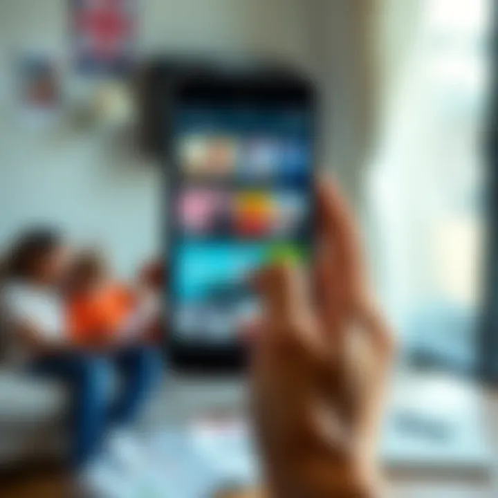 A mobile phone displaying various advertisements on its screen, with a hand holding the device. There's a blurred background that suggests a family environment.