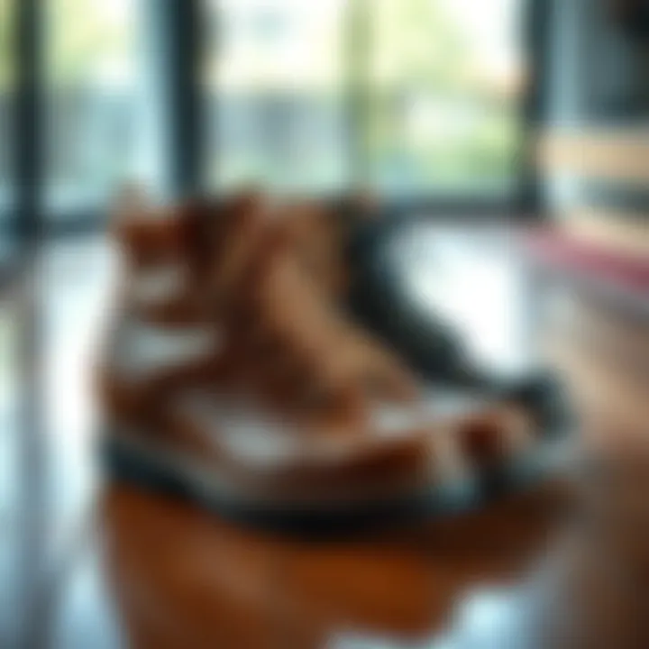 A pair of moc toe wedge work boots suitable for wide feet displayed on a wooden floor