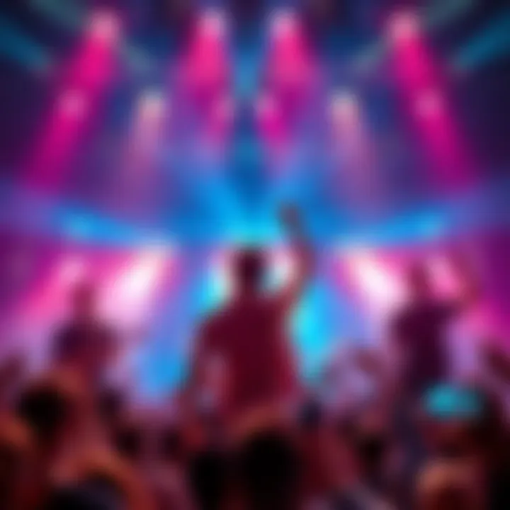 Modern Boy Band Performing Live A modern boy band singing on stage with vibrant lights and a cheering crowd