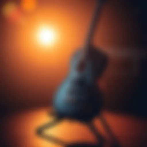 A bright 2021 Modern Deluxe guitar displayed on a stand, showcasing its beautiful finish and strings, with a warm light illuminating it.