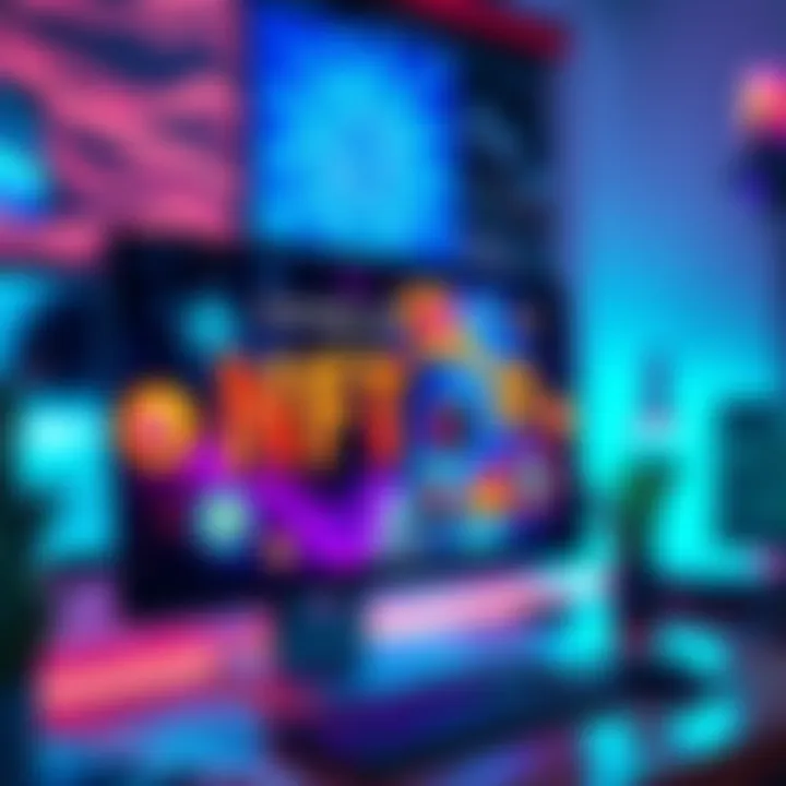 Colorful digital art pieces representing various collectible NFTs, displayed on a computer screen with vibrant visuals