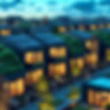 A row of modern houses featuring green roofs and solar panels, showcasing eco-friendly design and community spaces.