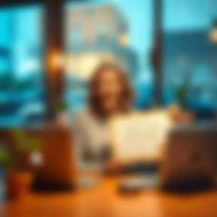 A mother sitting at a table with a laptop, excitedly learning about Bitcoin concepts, holding a printed certificate celebrating her new understanding.