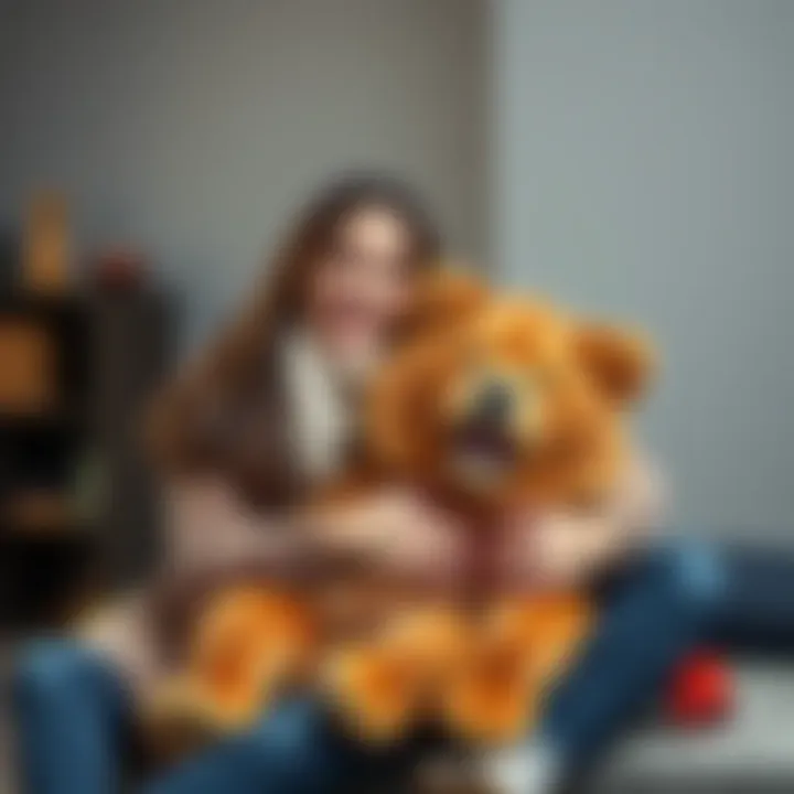 A proud mother sits with her pet lion bear, Ace, showing affection and joy.
