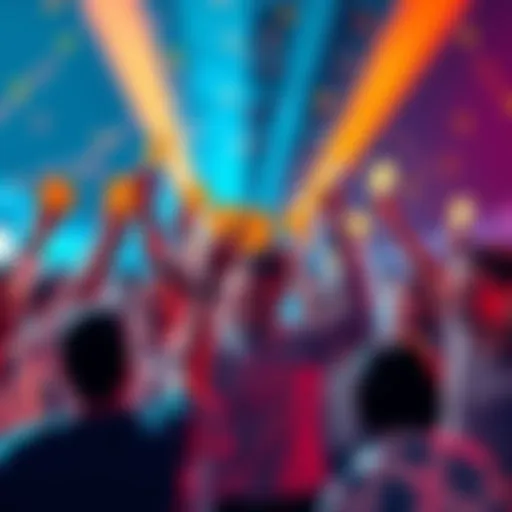 A group of people celebrating the launch of Monad Coin, holding coins and discussing its potential impact in the market.