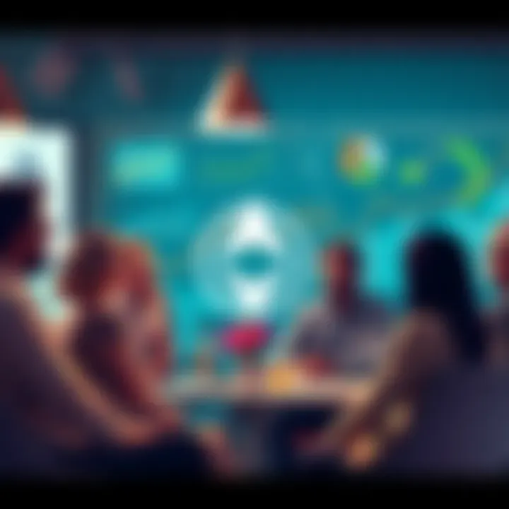 A group of people discussing the pros and cons of Monero's adoption in a casual setting, with charts and graphs about privacy assets in the background.