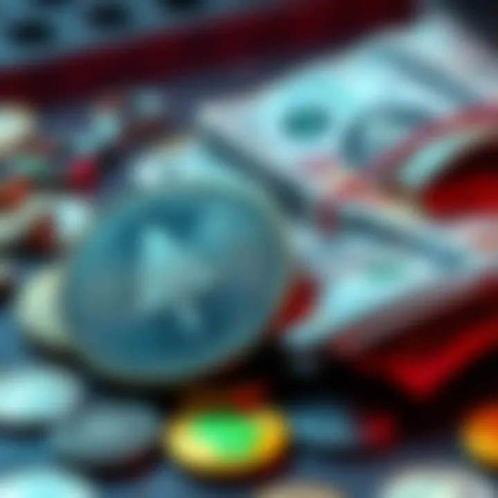 A representation of Monero cryptocurrency coins with cash, highlighting its use in financial transactions, including illicit activities.