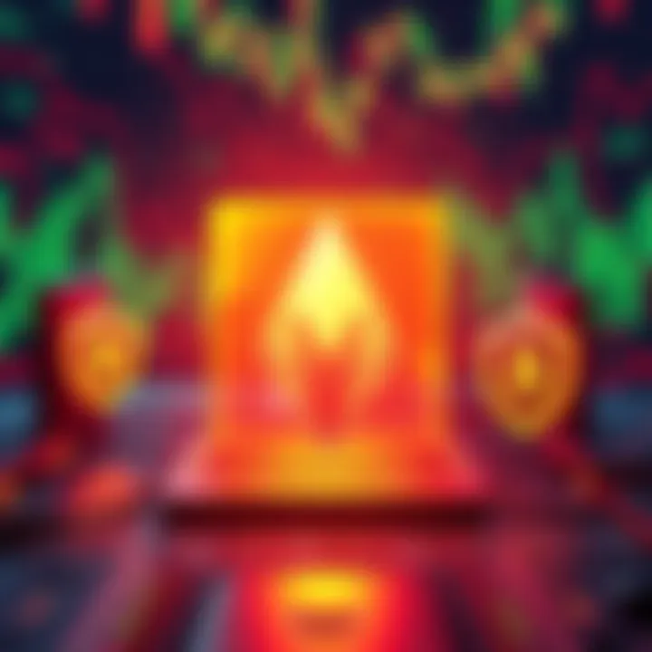 A visual representation of a Monero node onion service under a DDoS attack, showing computer graphics of data streams and shield icons symbolizing protection efforts with Onionbalance.