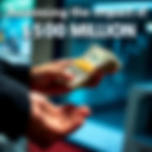 A person handing over a stack of cash to another person, symbolizing money given as grants