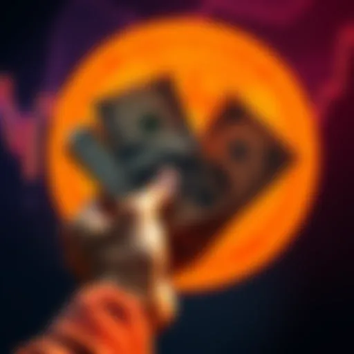 A person holding cash with a Bitcoin symbol in the background, contemplating investment options.