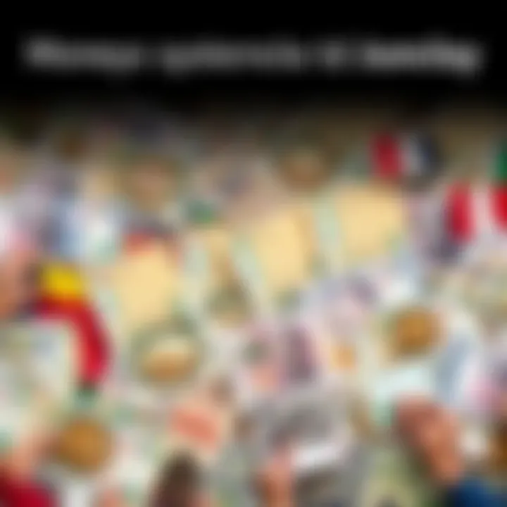 A collage showing different currency notes from various countries along with people using them in daily life.