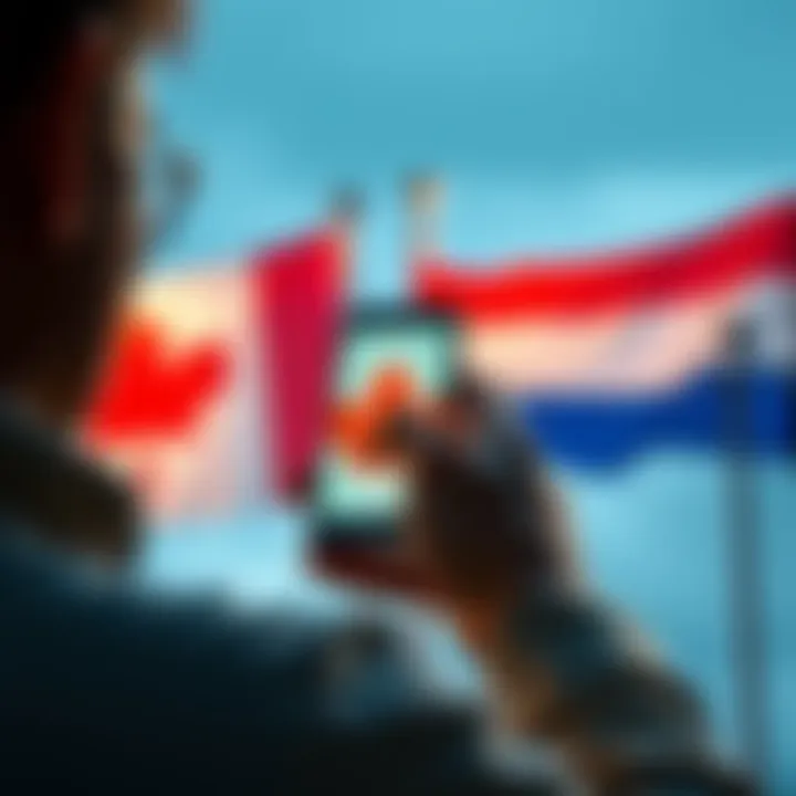 A person using a mobile app to transfer money from CAD to EUR, with flags of Canada and the Netherlands in the background