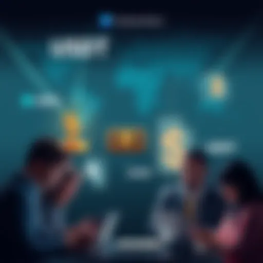 Group of people using mobile devices and laptops to transfer money internationally with USDC and USDT