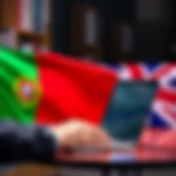 A person transferring large sums of money using a laptop, with Portuguese and UK flags in the background, representing international banking.