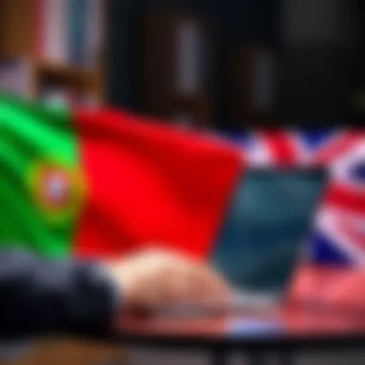 A person transferring large sums of money using a laptop, with Portuguese and UK flags in the background, representing international banking.