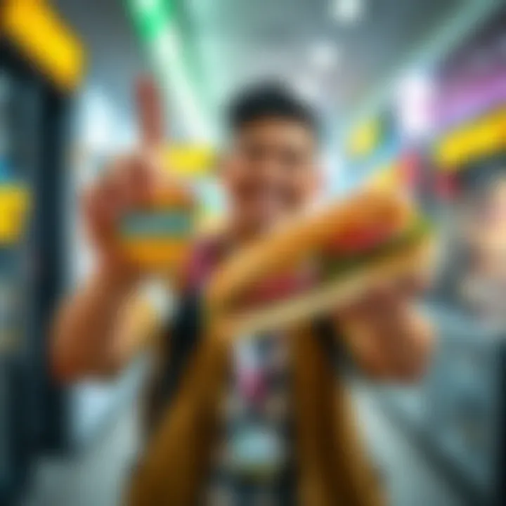 A person proudly displaying a month badge in one hand and enjoying a Subway sandwich in the other, celebrating their achievement.