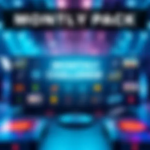 A visual representation of the monthly challenge pack, showing both paid and free content included, with icons for each type of content.