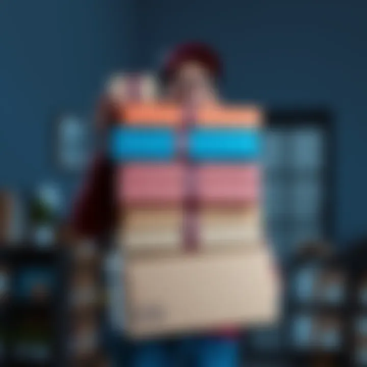 A person holding a stack of parcels, celebrating their achievement in completing a monthly challenge, with a cheerful expression.