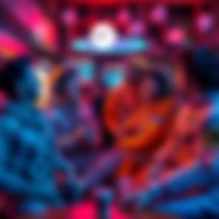 A lively group of Moon Boys dressed in space-themed outfits, sharing ideas and laughing in a vibrant online forum setting.