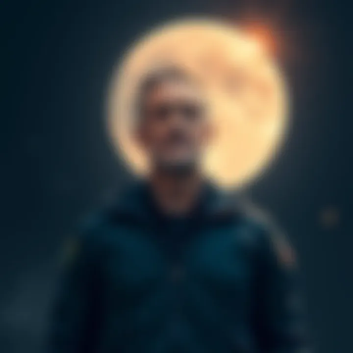 Leader of the Moon Mission A determined man with a space background stands confidently with the moon in the background, representing the next moon mission.