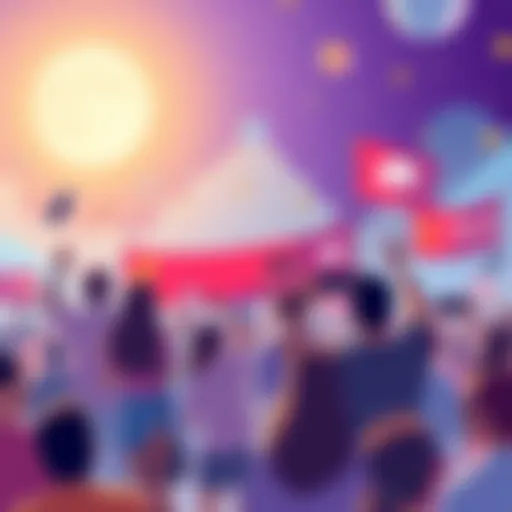 A vibrant illustration showing people celebrating during Moon Week Round 70 with banners, a Discord logo, and symbols of governance and community engagement.