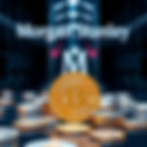 Morgan Stanley's logo with Bitcoin coins in the foreground, illustrating the company's recent purchase of Bitcoin.