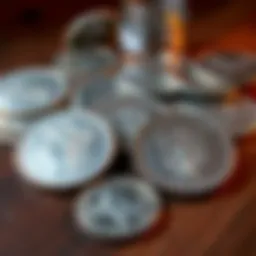 A collection of Morgan silver dollars graded MS68, showing their shimmering surfaces and details, arranged on a wooden table