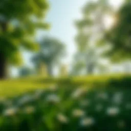 A bright morning scene with lush green trees and plants in sunlight, creating a peaceful atmosphere.