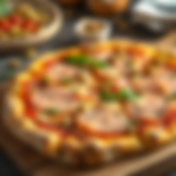 A delicious pizza topped with slices of mortadella and sprinkled with pistachios, served on a wooden board.