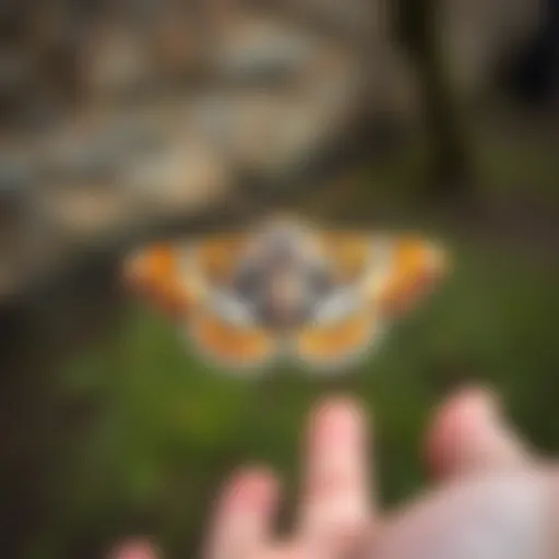 A captured moth in a hand, showcasing its unique patterns and colors, with a blurred natural background.