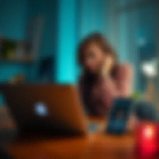 A worried mother sits at a table looking at a laptop with a photo of her son beside her, contemplating her XRP investment decisions.