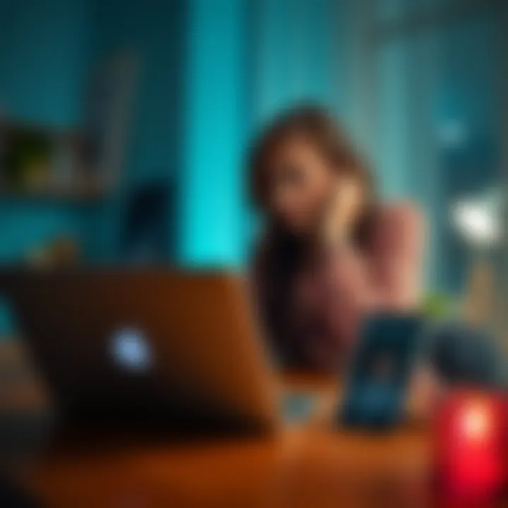 A worried mother sits at a table looking at a laptop with a photo of her son beside her, contemplating her XRP investment decisions.