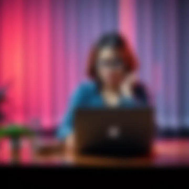 A concerned mother sitting at a table with a laptop, looking worried as she reviews stock prices and market terms related to her MYX investment.