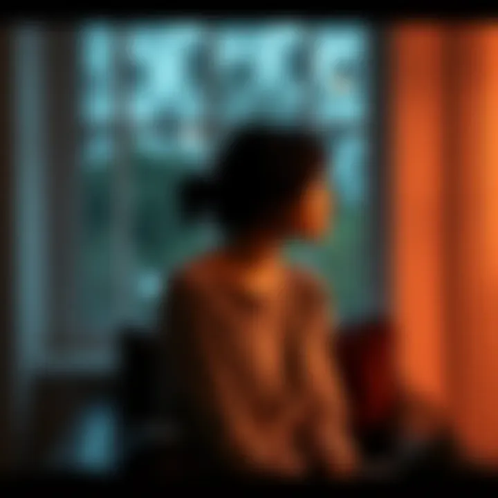 A woman sitting alone in a cozy room, looking thoughtfully out of a window, symbolizing her struggle with mental health and motherhood.