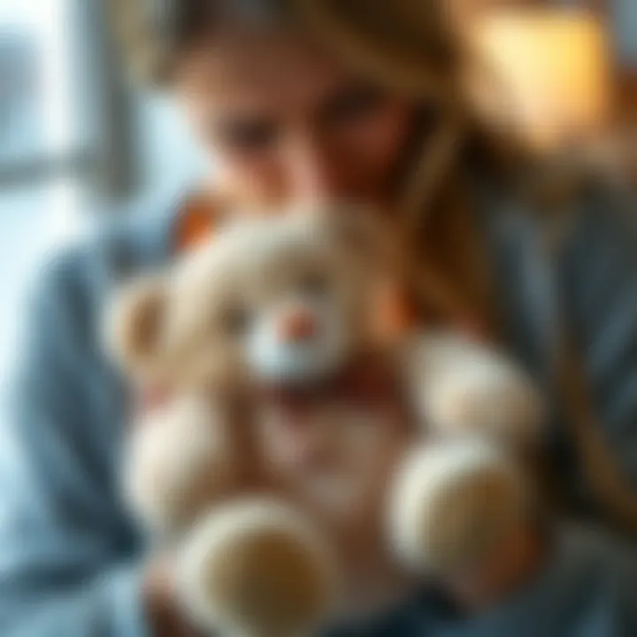 Heartbroken mother holding a teddy bear in memory of her baby boy lost to cancer