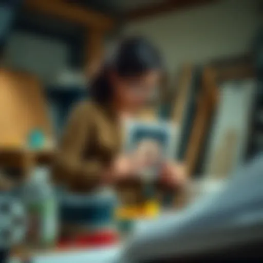 A mother focused on a large project, surrounded by materials and tools, holding a picture of her son.